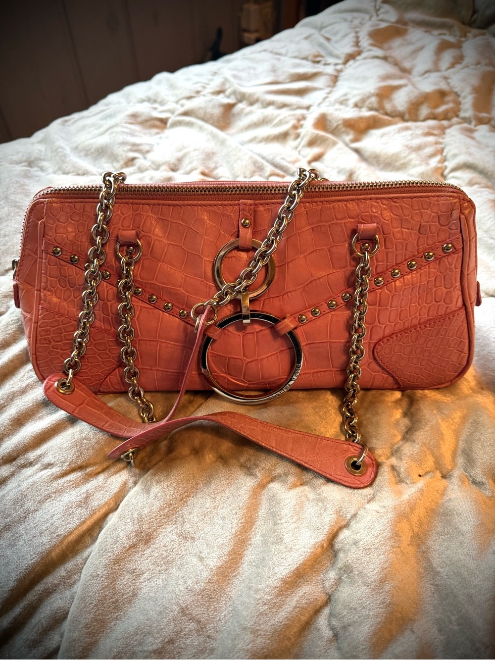 Charles David Pink Croc-Embossed Chain Satchel with Ring Detail